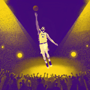 Nikola Mirotic mid-jump, wearing his white Milwaukee Bucks jersey with number 41. Stadium lights illuminate the scene. Lakers fans in the background