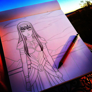 In the kingdom of Fire Emblem, a maiden with long black hair stands resolutely. Her outfit and face are intricately detailed. Depicted on parchment paper.