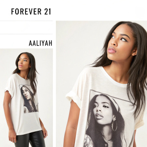 Forever 21 online store featuring a t-shirt with Aaliyah's image. Price listed and size options available.
