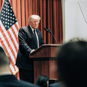 Donald Trump at a podium. Wood grain visible. American flag behind. Press conference attendees blurred in background.