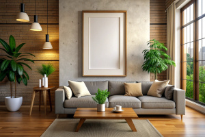 Frame mockup, ISO A paper size. Living room wall poster mockup. Interior mockup with house background. Modern interior design. 3D render