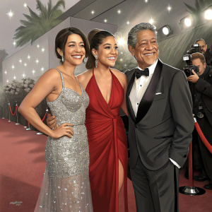 Magali Rodriguez, Gina Rodriguez, Genaro Rodriguez at a glamorous red carpet event. Stars posing together for the cameras.