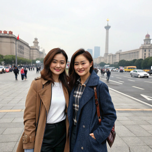 Gillian Chung and Charlene Choi, both East Asian, wearing casual clothes, standing outdoors on a busy city street.