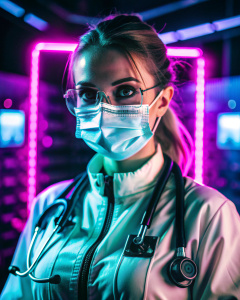 medical worker, cyberpunk 2100, future, on a white background