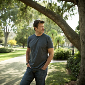 Nathan Fillion, dressed in a casual t-shirt and jeans, outdoors at a park. Trees and nature in background.
