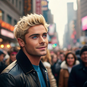 Zac Efron, blonde hair, blue eyes, in a vivid photograph. Crowded street scene, blurred faces, New York city.