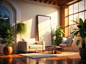 Create an inviting living room scene with a mockup frame hanging on the wall, bathed in warm sunlight, HD, Super detailed, 8k, Frame Should With White Screen In Style Of Mockup