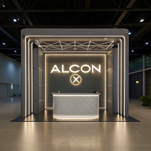 Alcon X event, sleek booth design with illuminated Alcon logo