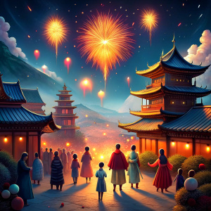 people celebrating chinese new year,brilliant fireworks,children,family,in the style of chinese new year