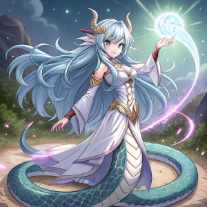 Digital portrait of Diabla Lu, the mystical being from Elsword. She has long, silver-blue hair and wears a shimmering, ethereal outfit. A snake-like tail and vibrant aura highlight her dynamic pose.