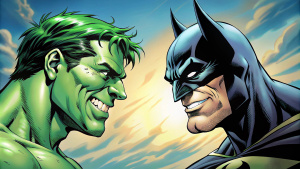 cartoon batman e hulk se olhando sorrindo