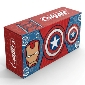 A vibrant box of Colgate toothpaste featuring Marvel's Avengers. Red and blue color scheme, featuring Iron Man's iconic logo, Captain America's shield, and Thor's hammer. Complex patterns and comic book elements