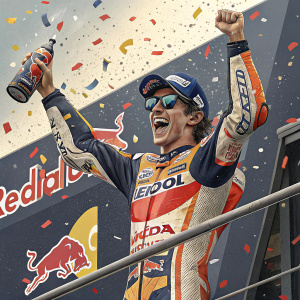 Marc Marquez celebrating victory at the MotoGP. Drenched in confetti, wearing orange and white racing suit, sunglasses, and blue cap. Standing on a podium with Red Bull logos prominently displayed in the background.