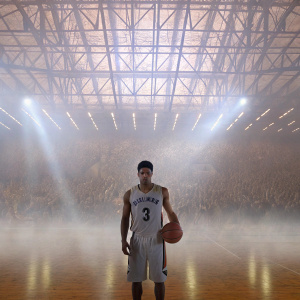 Josh Hart, wearing NOLA jersey number 3, intense expression. Indoors, surrounded by basketball fans and bright spotlights.