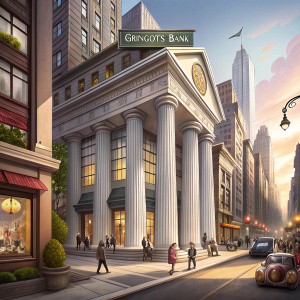 Entrance to Gringotts Bank, with large white columns and the bank's name sign. Set amidst a bustling city with various shops and signs lining the street.