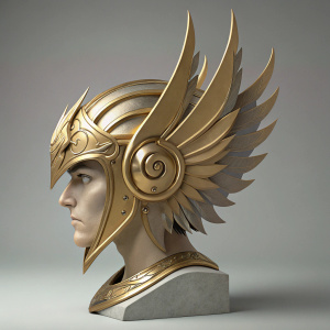 Highly detailed 3D render of a Saint Seiya Pegasus Helmet, designed with intricate, sharp, and spiraling elements. The helmet features a golden, metallic finish and is displayed on a neutral-toned, sculpted bust.