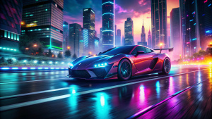 High-end car racing on the road at night with cyberpunk style