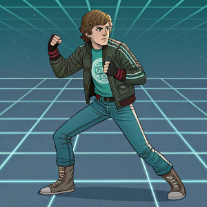 Digital art of Scott Pilgrim, ready for combat. Grid pattern background, determination in his eyes