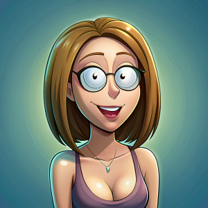 cartoon, oiled decollte, rick and morty style, A 35-year-old, funny women, crazy face, smirk, hair clip, long straight hair, solo color bg