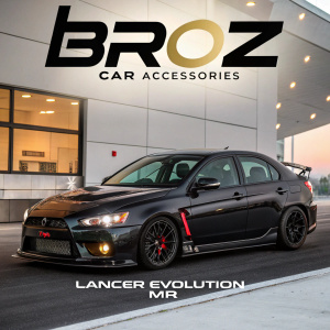 Promotional image showcasing BROZ CAR ACCESSORIES' new Lancer Evolution MR logo decal. Additional badges and product details highlighted.