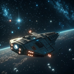 Trailer shot of The Cloverfield Paradox. Dark space with stars, futuristic ship