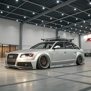 A sleek silver Audi A4 with wide body kit and roof rack. The car is parked in a spacious showroom, spotlighting its elegant design and distinctive headlights and logo, digital illustration.