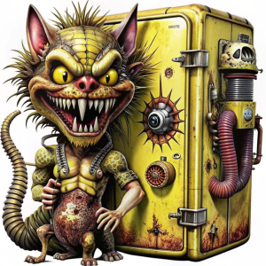 geladeira velha enferrujada,tambor amarelo radioativo,menino punk mad max,cobra furiosa,gato feio ,walt disney pixar,detalhes aprimorados,8k,hd da mais alta qualidade,painting cartoon effects.