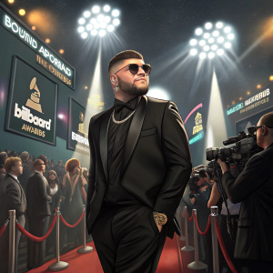 Farruko, a latino artist, at the Billboard Latin Music Awards. He's wearing a sleek black suit. Crowded venue with bright lights and award logos.