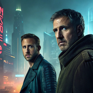 Promotional image for Blade Runner 2049. Dystopian cityscape in background. Ryan Gosling and Harrison Ford staring at the camera. News clippings and futuristic elements surrounding the actors.