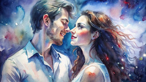 Couple in love, passion, excitement, anticipation, euphoria. Night scene, love, happiness. Super realism. 