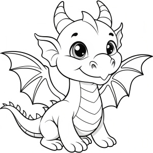 Black and white vector baby dragon, cartoon drawings for children to color, line work, outline, artistic.