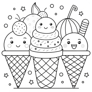 coloring page, white background, black line art, minimal details, cartoon Snow Cones