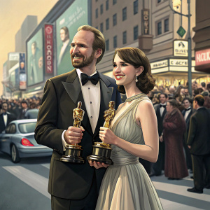 Ralph Fiennes and Felicity Jones, standing on a bustling street corner, holding Oscars. Crowds of people around them.