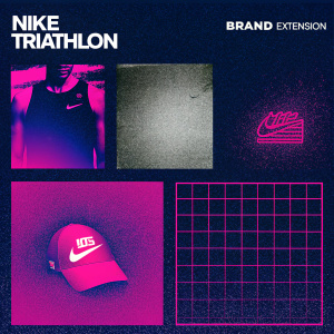 A sleek, modern graphic design for Nike Triathlon featuring a moodboard and brand extension section. Clean layout with grid design, emphasizing typography. Black and white color scheme.