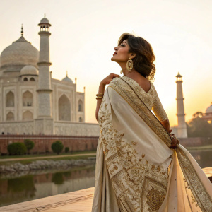 Chitrangada Singh, in a beautiful handwoven saree with gold embroidery, posing gracefully in front of a heritage monument during sunset. The image is split to capture her from two angles, showcasing the intricate details of her attire.