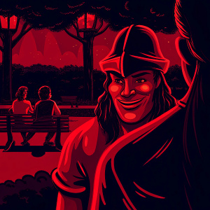 A drawing of Kronk, character from Disney's 'Emperor's New Groove'. Broad, friendly smile, long hair, distinctive hat. Sketch shows him in a park with other characters from the movie.