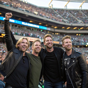 Nickelback band members, Chad Kroeger, Mike Kroeger, Ryan Peake, and Daniel Adair, celebrating at a packed stadium. Crowds cheering in the background.