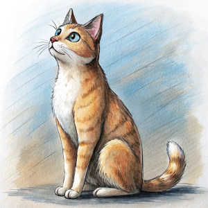 The cat sits sideways and looks up