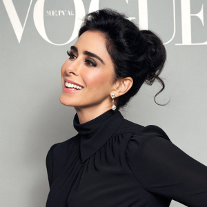 Sarah Silverman, with warm smile and elegant hairstyle, in a black, high-necked blouse. Poses for a glamourous magazine cover shoot.