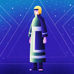 Illustration of a character inspired by Naruto. Blonde hair, green and white outfit, determined expression. Sketchy style with limited color palette.