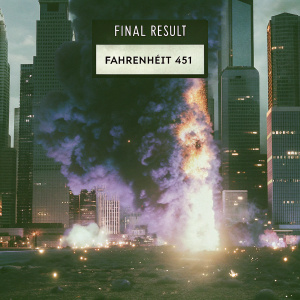 Book cover art for 'Fahrenheit 451'. Futuristic city under assault by a colossal fiery explosion. Colors predominantly purple and fiery orange, with 'Final Result' inscribed at top.