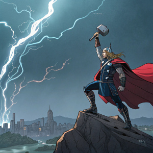 Comic panel: Thor, clad in his iconic red and blue suit, wielding Mjolnir, stands atop a lightning-lit Asgardian cliff. Midgardian cityscape visible in distance, captured in epic double-page spread.