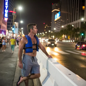 Simon Cowell, shirtless with gray shorts and blue life vest, standing by a white barrier on a bustling city street at night.