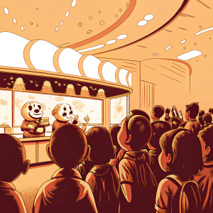 A bustling Jollibee restaurant interior. Bright lights, cheerful music. Kids zone, play area with mascot characters. Queue of customers at the counter