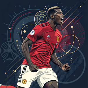 Paul Pogba, soccer player, illustrated in a dynamic pose. FFP World Cup theme. Dark background, abstract shapes and lines