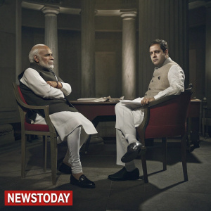 Collage of Narendra Modi and Rahul Gandhi. Both in formal attire, appearing in a debate. Watermark of NewsToday at bottom.