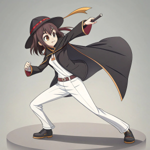 Digital art of Megumin from anime series Konosuba. Character in a dynamic pose, black suit, white pants. Focused stance with various angles and unique textured design.