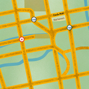 Interactive map of Dubai Mall. Navigational tool with clear, sleek design. Yellow roads, blue water features. Clickable icons reveal detailed information. Top navigation bar for easy exploration.