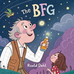 Cover of 'The BFG' DVD. Vibrant illustrations, animated scenes, Roald Dahl's signature, colorful text and graphics