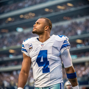 Dak Prescott in an intense focus pose. Wearing Dallas Cowboys jersey number 4. White and blue uniform. On a stadium field. Crowd blurred in background.